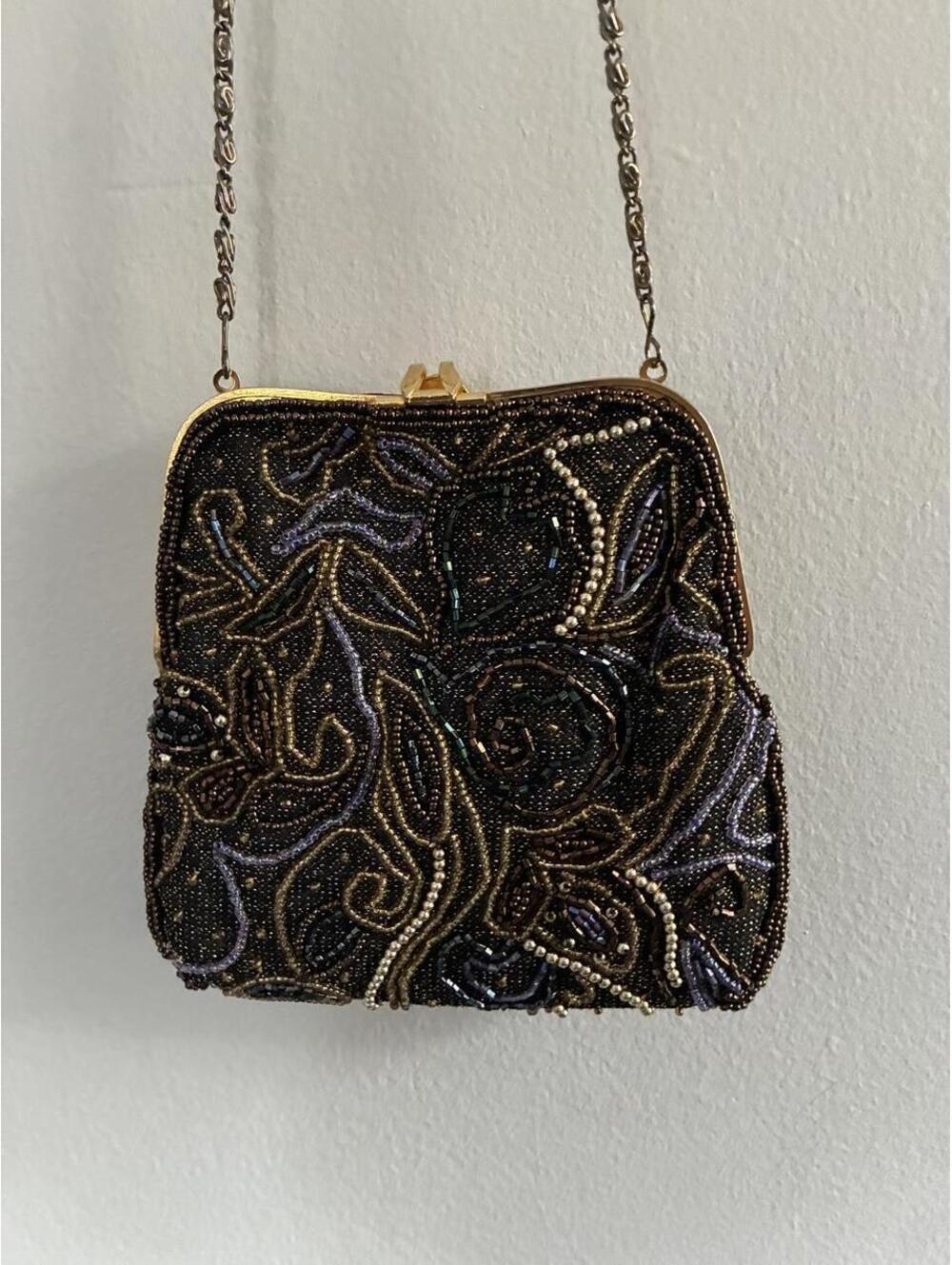 Elegant Women's Multi and Brown Beaded Evening Bag with Gold Chain Strap